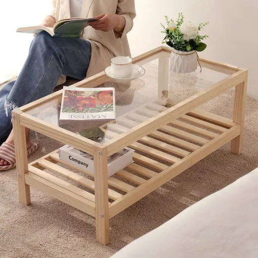 Nordic Style Natural Wood & Glass Coffee Table with Storage Shelf