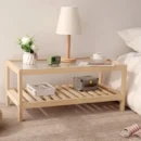 Nordic Style Natural Wood & Glass Coffee Table with Storage Shelf