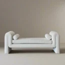 Modern Curved White Upholstered Bench with Bolster Pillows