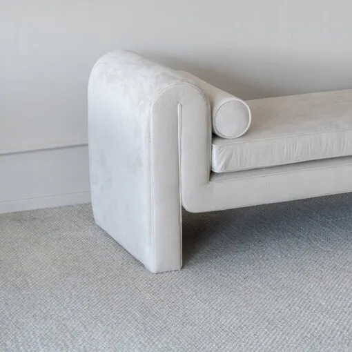 Modern Curved White Upholstered Bench with Bolster Pillows