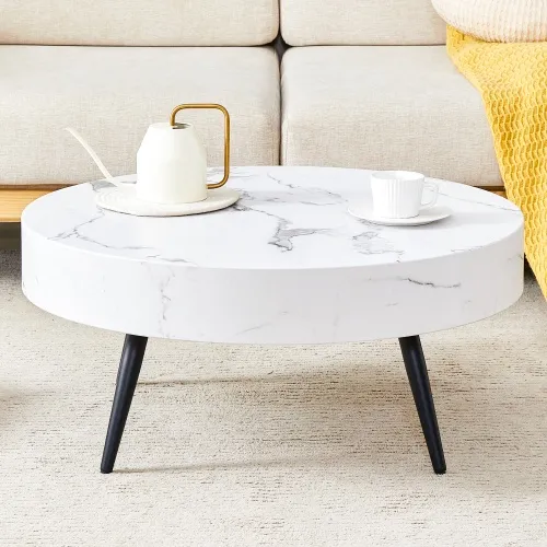 Modern Faux Marble Round Coffee Table with Tapered Black Legs